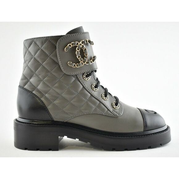 Chanel 21A Grey Black Quilted CC Chain Combat Lace Up Tie Ankle Short Boots 38 - Picture 1 of 11